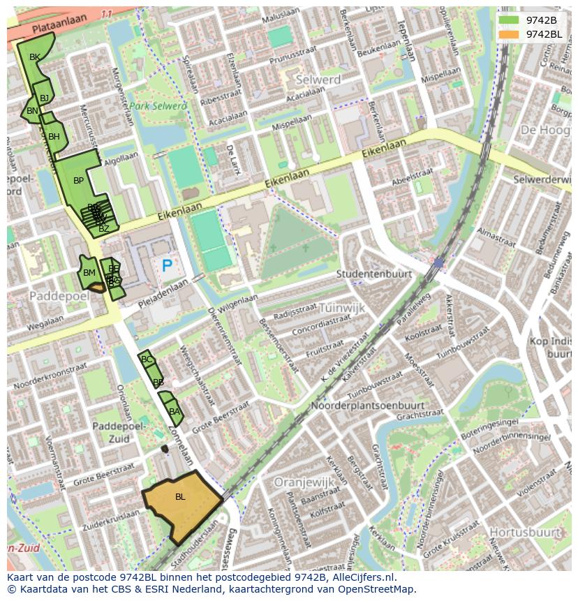 Afbeelding van het postcodegebied 9742 BL op de kaart.