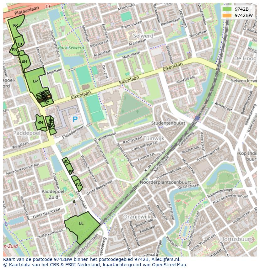 Afbeelding van het postcodegebied 9742 BW op de kaart.