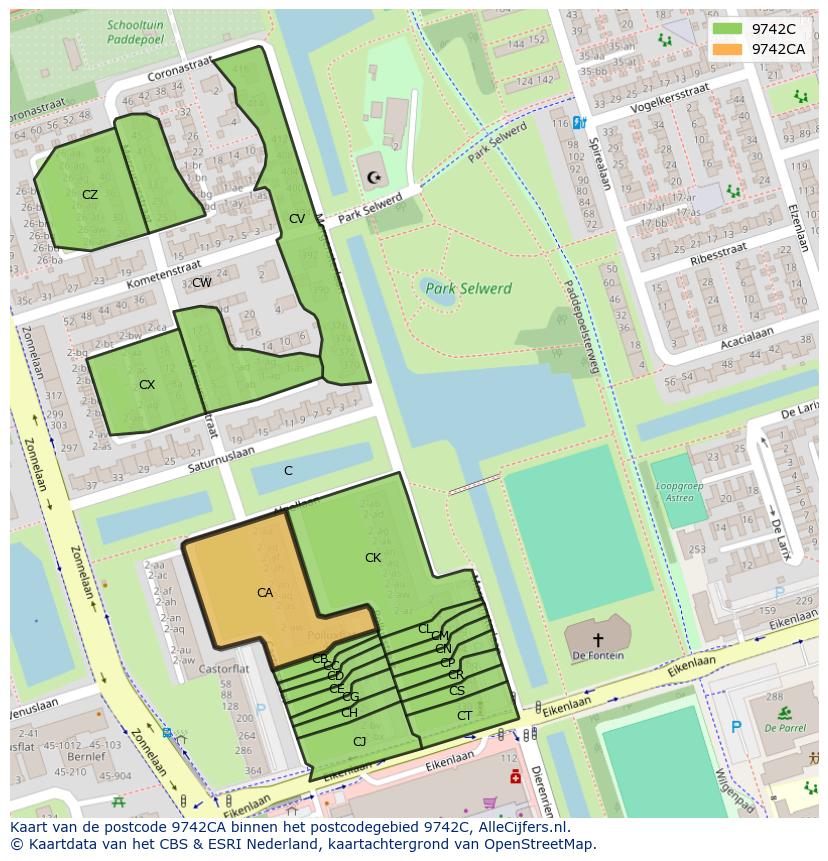 Afbeelding van het postcodegebied 9742 CA op de kaart.