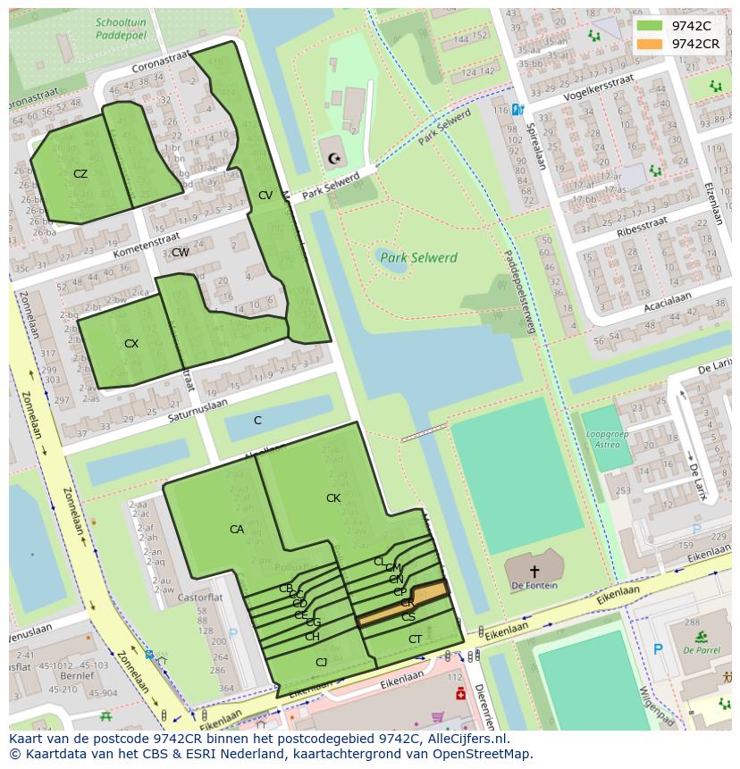 Afbeelding van het postcodegebied 9742 CR op de kaart.