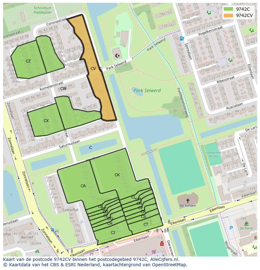 Afbeelding van het postcodegebied 9742 CV op de kaart.