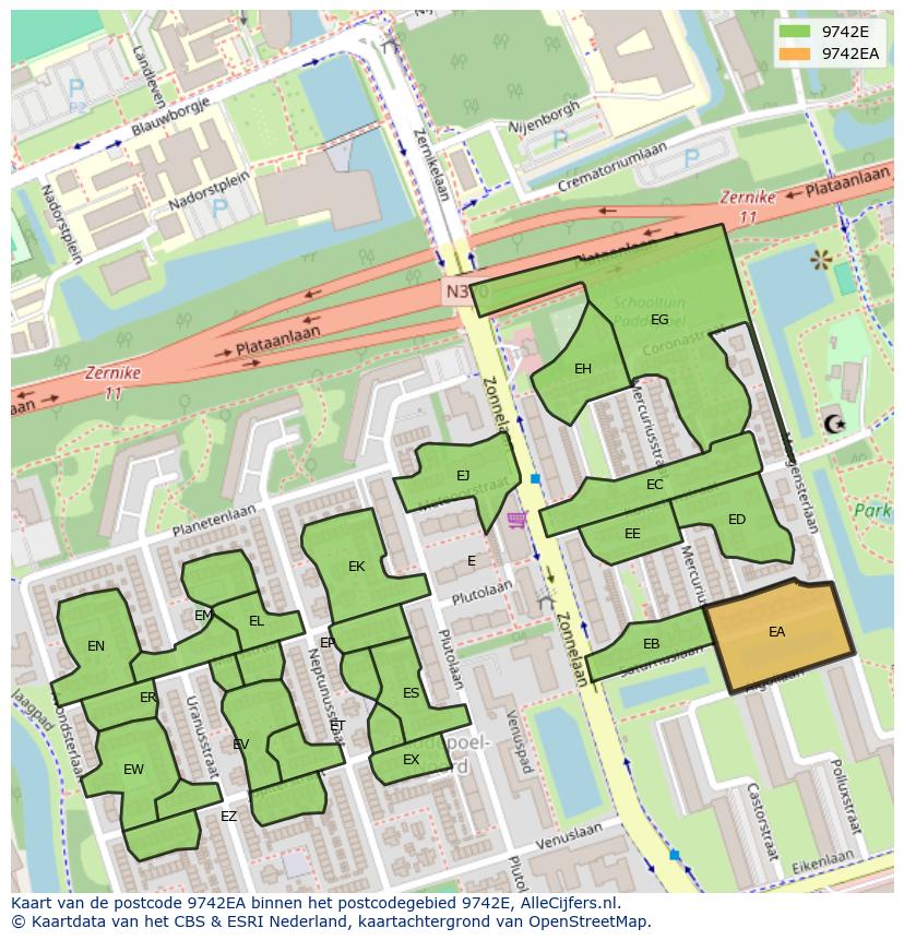 Afbeelding van het postcodegebied 9742 EA op de kaart.