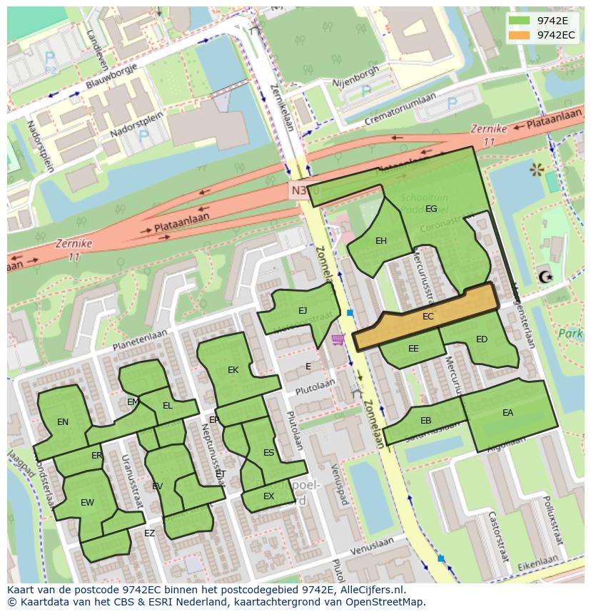 Afbeelding van het postcodegebied 9742 EC op de kaart.