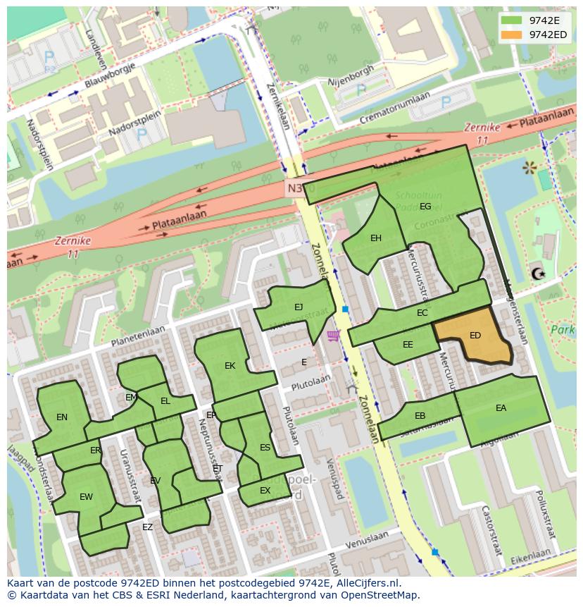 Afbeelding van het postcodegebied 9742 ED op de kaart.