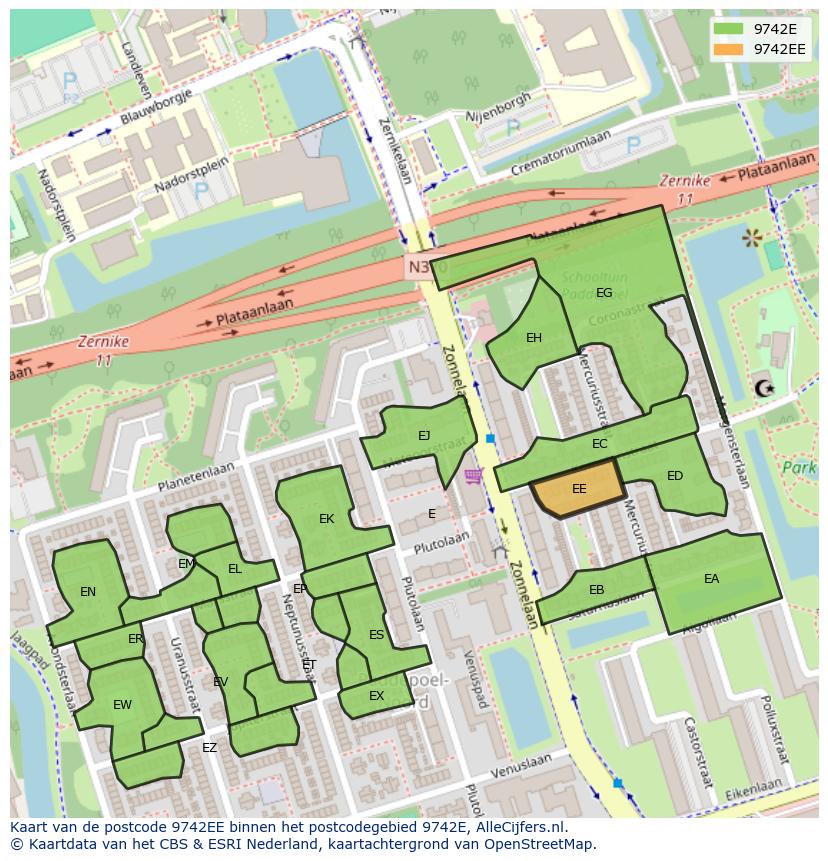 Afbeelding van het postcodegebied 9742 EE op de kaart.