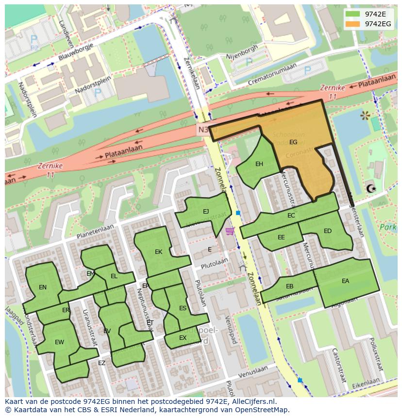 Afbeelding van het postcodegebied 9742 EG op de kaart.