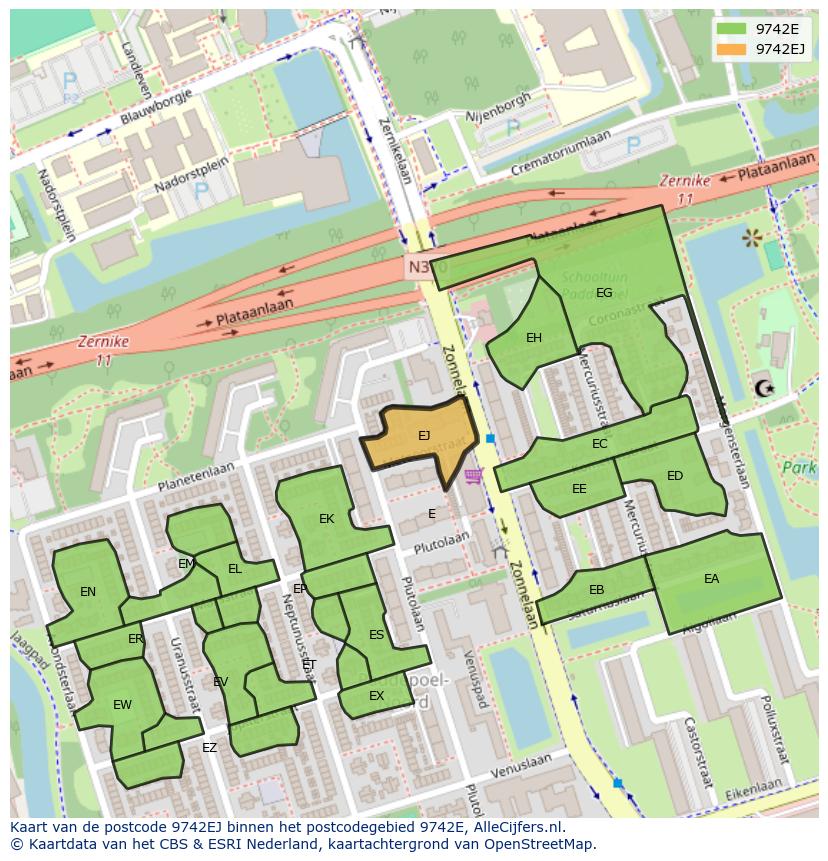 Afbeelding van het postcodegebied 9742 EJ op de kaart.