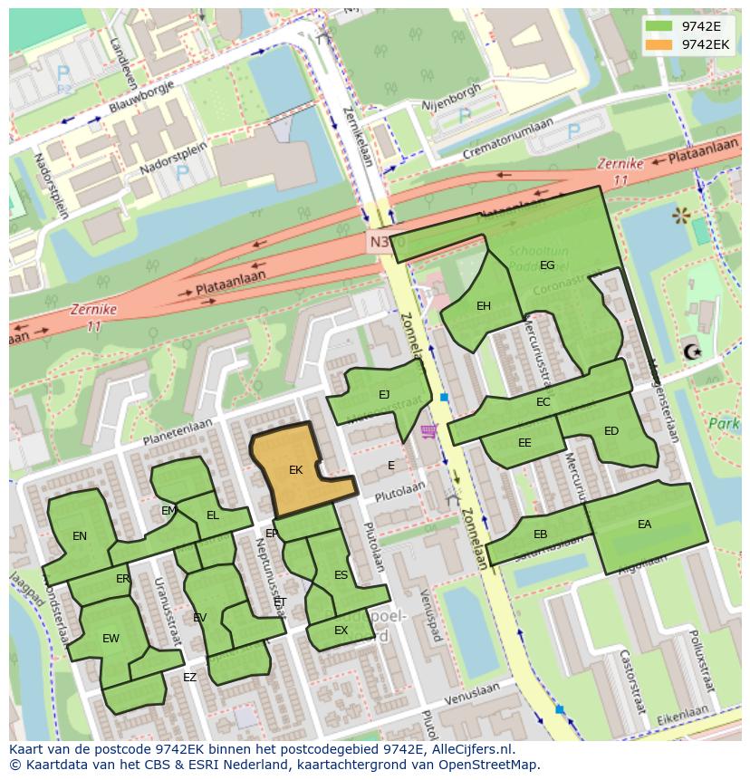Afbeelding van het postcodegebied 9742 EK op de kaart.