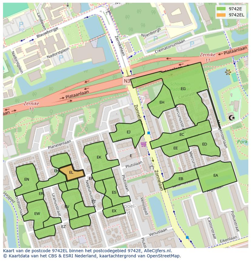 Afbeelding van het postcodegebied 9742 EL op de kaart.