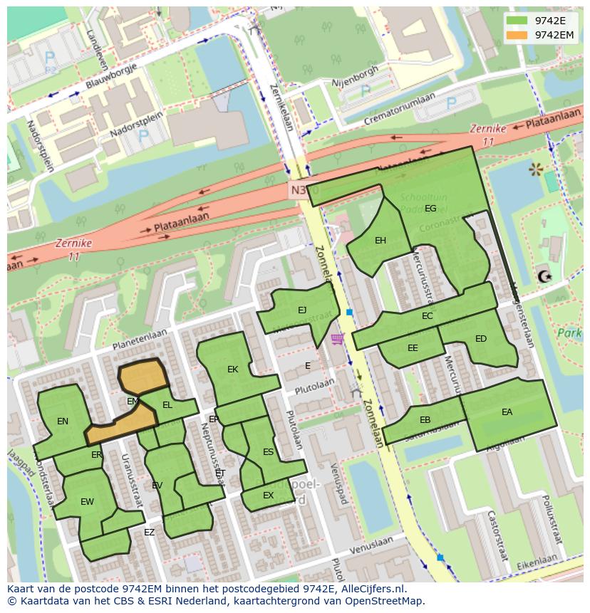 Afbeelding van het postcodegebied 9742 EM op de kaart.