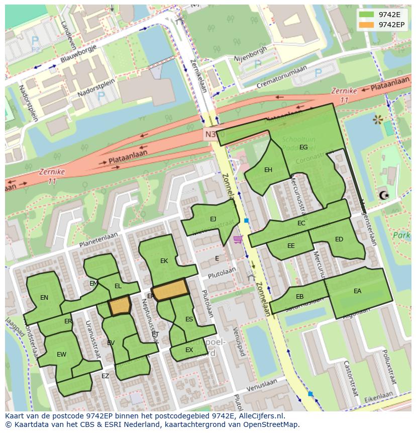 Afbeelding van het postcodegebied 9742 EP op de kaart.