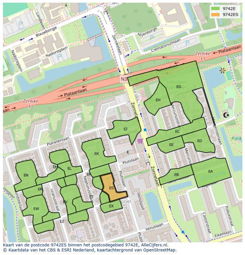 Afbeelding van het postcodegebied 9742 ES op de kaart.
