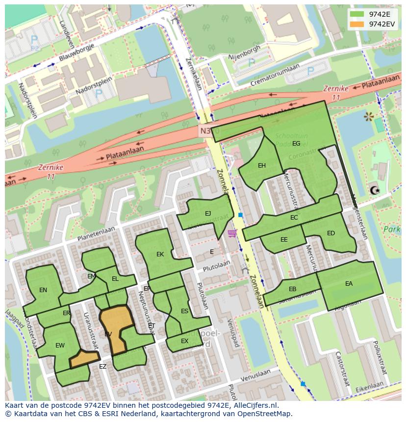 Afbeelding van het postcodegebied 9742 EV op de kaart.