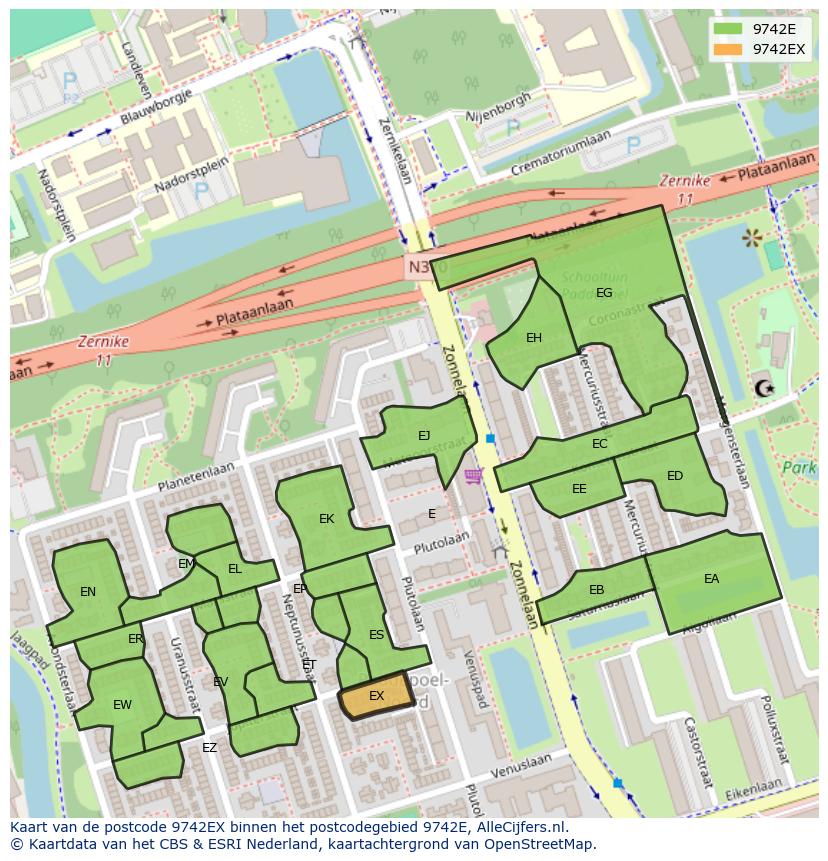 Afbeelding van het postcodegebied 9742 EX op de kaart.