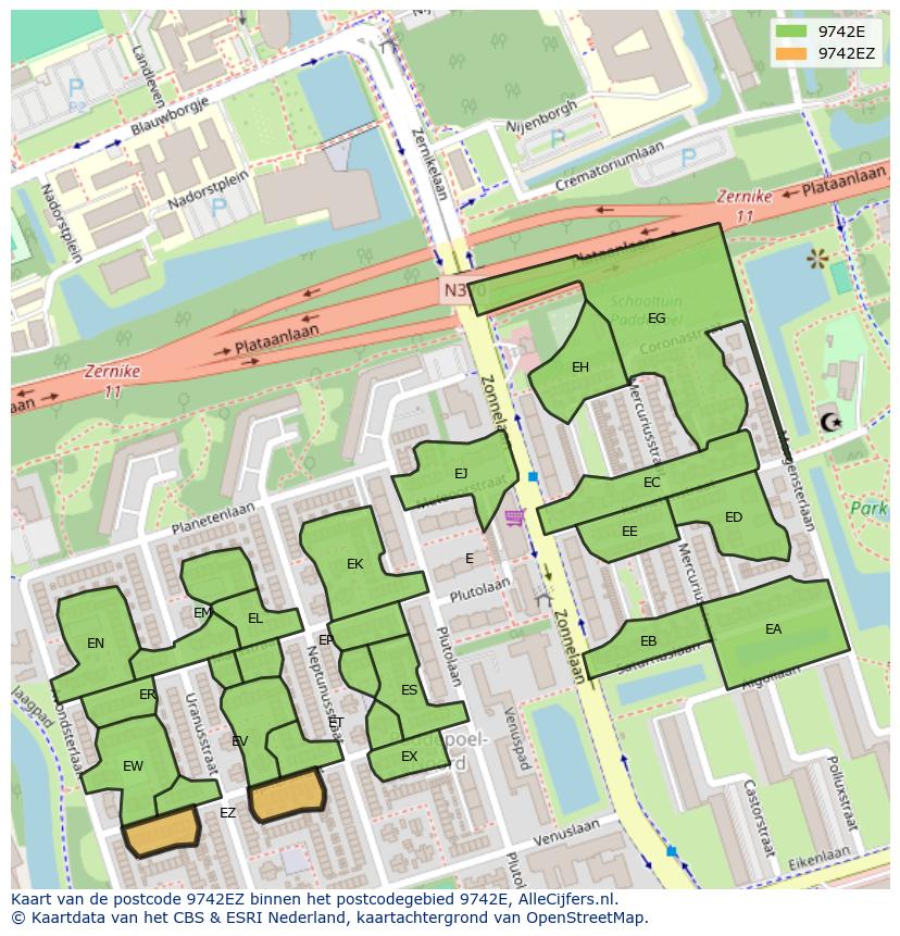 Afbeelding van het postcodegebied 9742 EZ op de kaart.