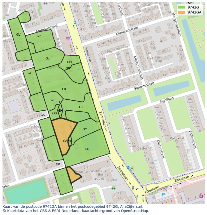 Afbeelding van het postcodegebied 9742 GA op de kaart.