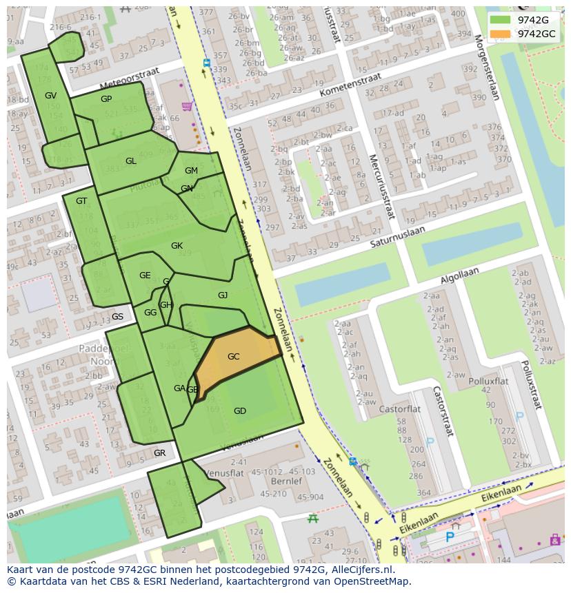 Afbeelding van het postcodegebied 9742 GC op de kaart.
