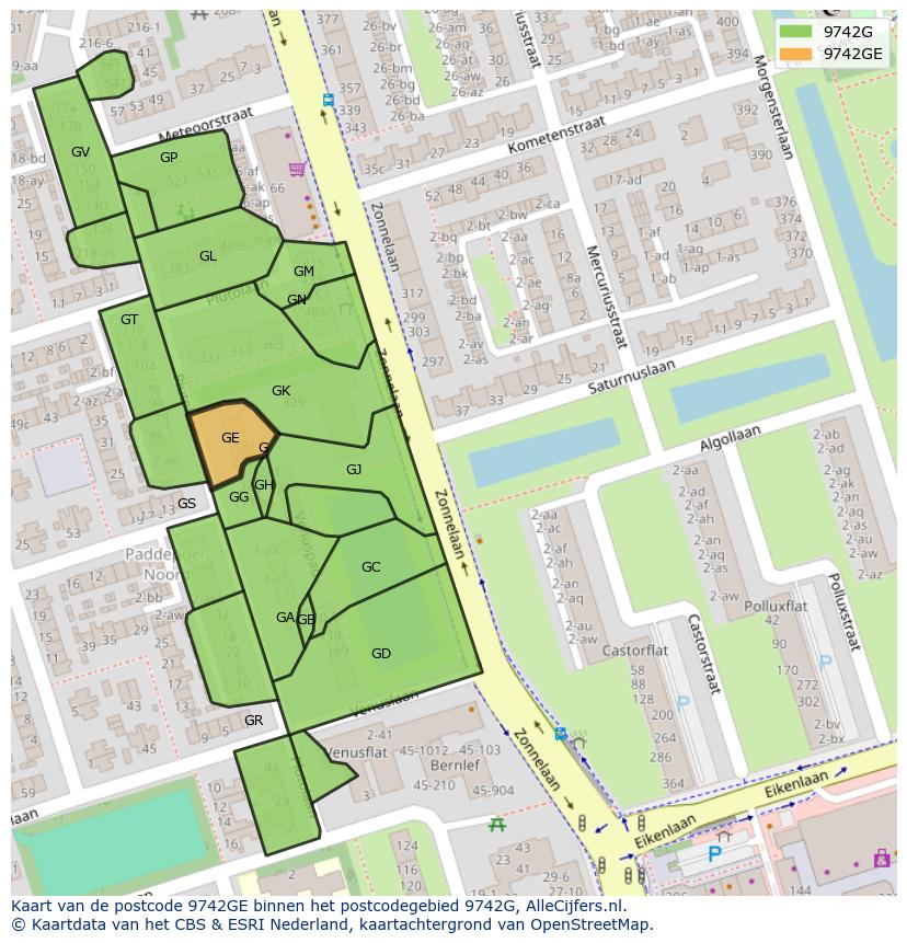 Afbeelding van het postcodegebied 9742 GE op de kaart.