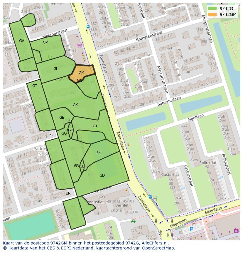 Afbeelding van het postcodegebied 9742 GM op de kaart.