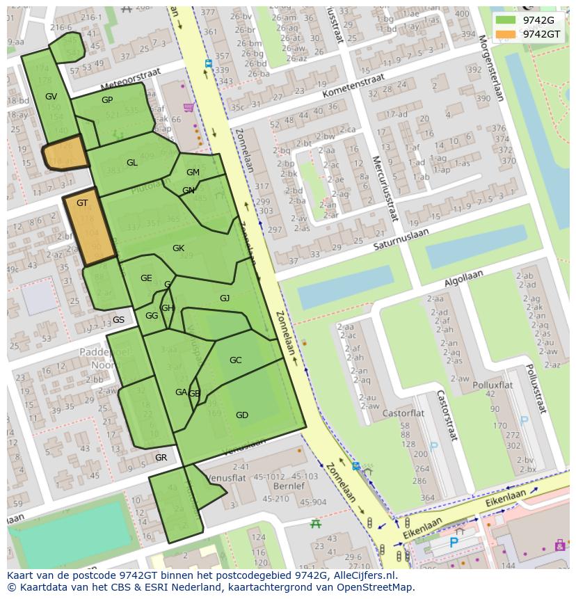 Afbeelding van het postcodegebied 9742 GT op de kaart.