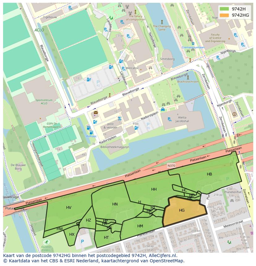 Afbeelding van het postcodegebied 9742 HG op de kaart.
