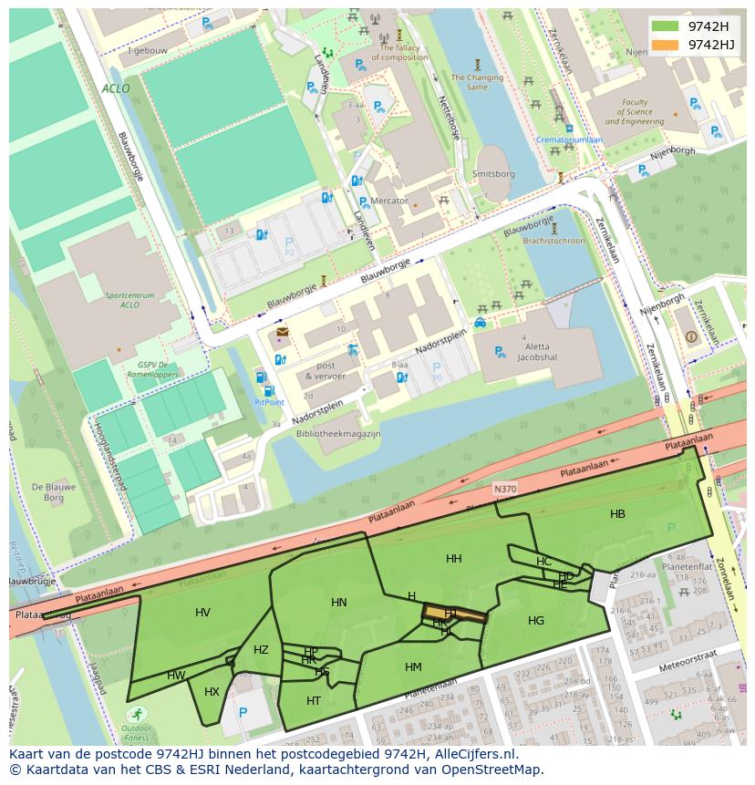 Afbeelding van het postcodegebied 9742 HJ op de kaart.