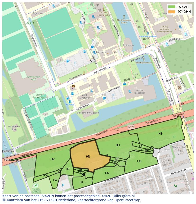 Afbeelding van het postcodegebied 9742 HN op de kaart.