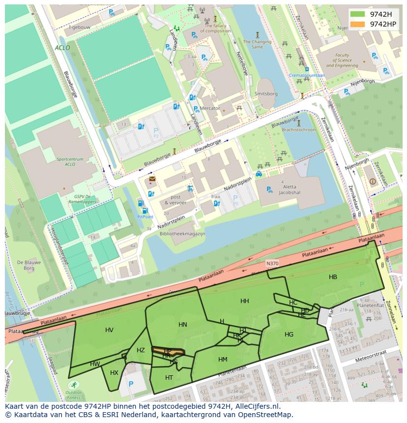 Afbeelding van het postcodegebied 9742 HP op de kaart.