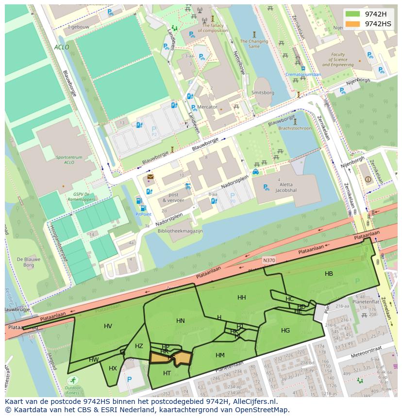 Afbeelding van het postcodegebied 9742 HS op de kaart.