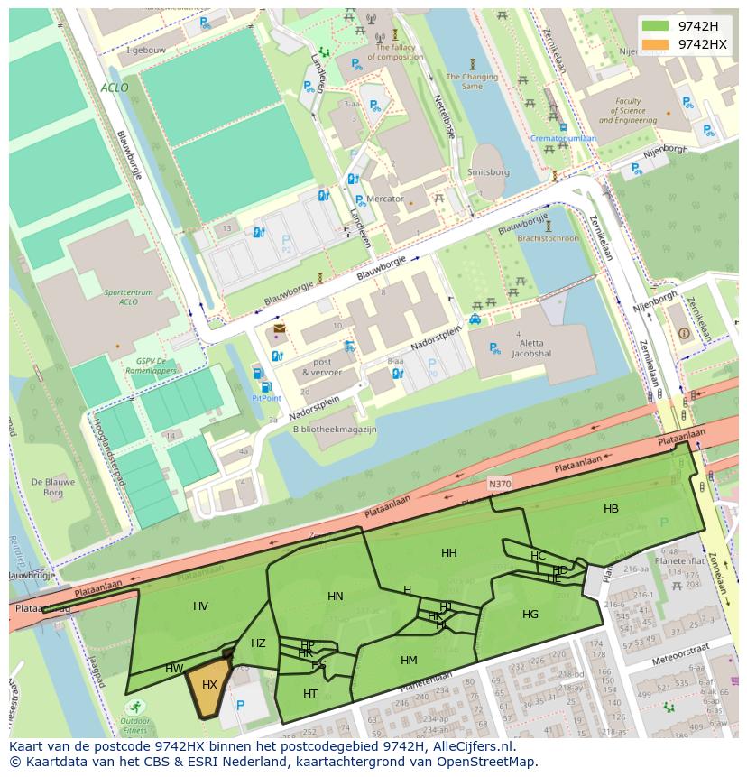 Afbeelding van het postcodegebied 9742 HX op de kaart.