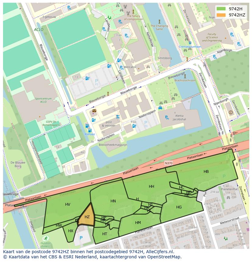 Afbeelding van het postcodegebied 9742 HZ op de kaart.