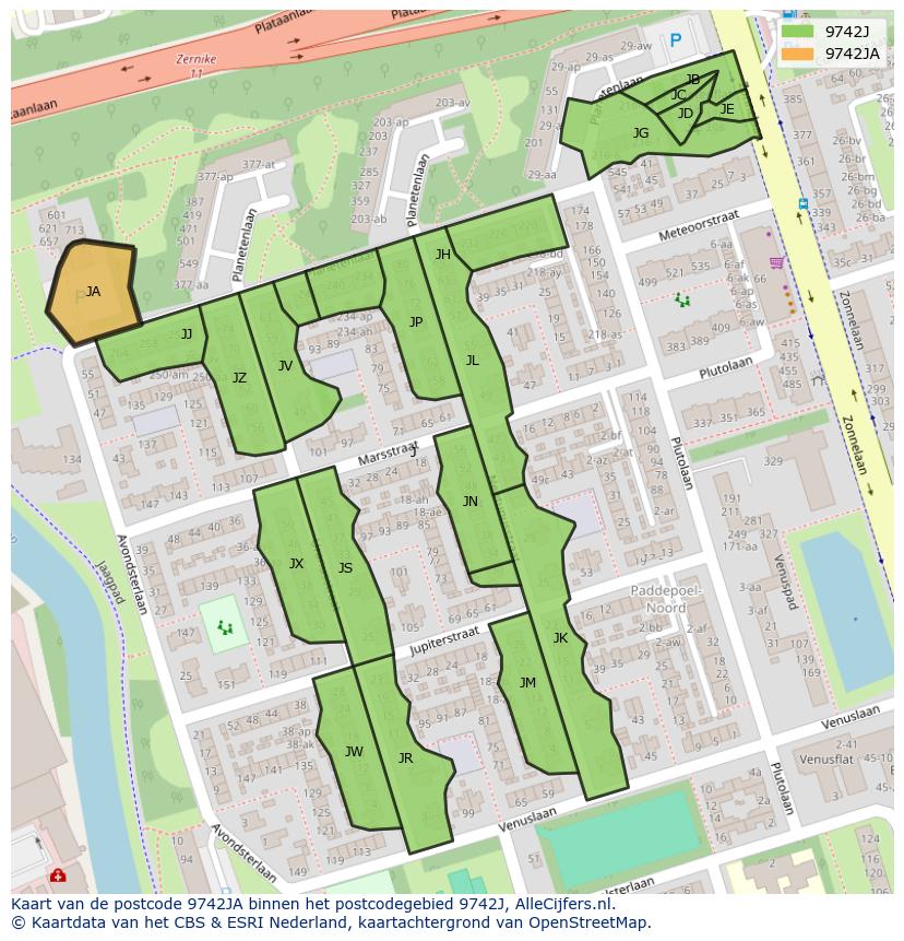 Afbeelding van het postcodegebied 9742 JA op de kaart.