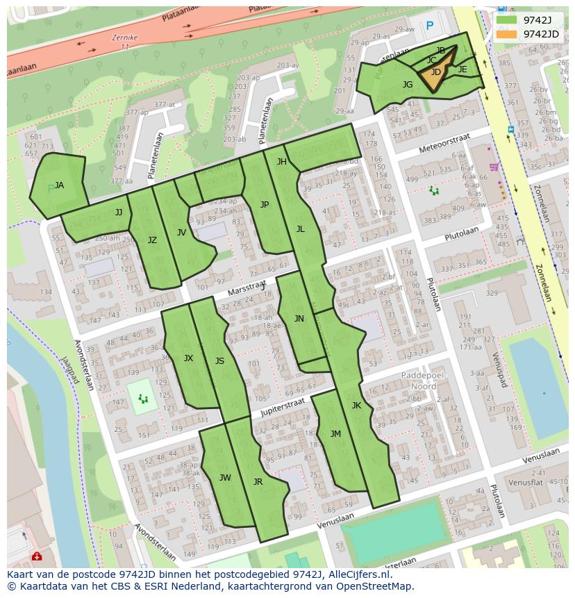 Afbeelding van het postcodegebied 9742 JD op de kaart.