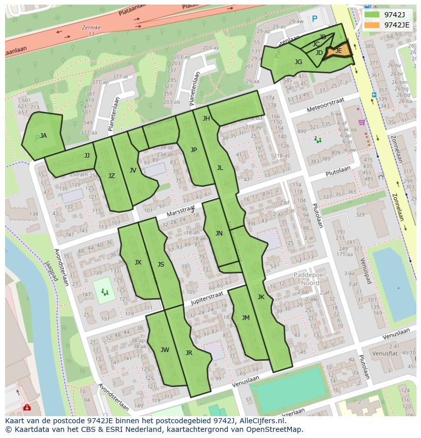 Afbeelding van het postcodegebied 9742 JE op de kaart.