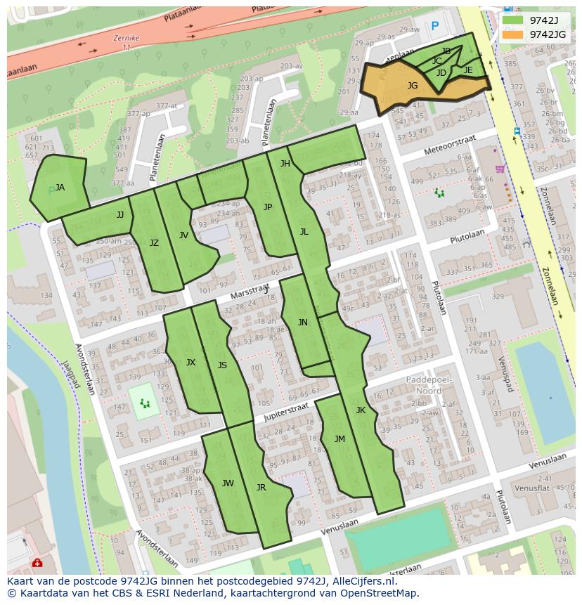 Afbeelding van het postcodegebied 9742 JG op de kaart.