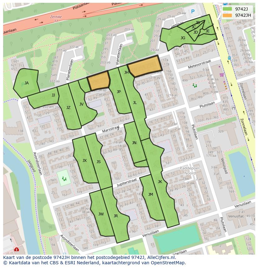 Afbeelding van het postcodegebied 9742 JH op de kaart.