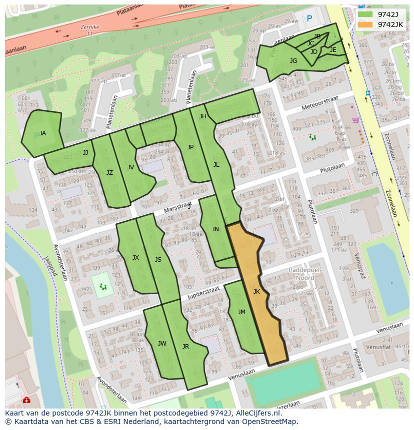 Afbeelding van het postcodegebied 9742 JK op de kaart.