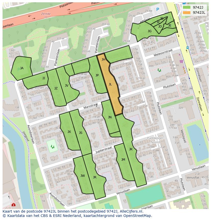 Afbeelding van het postcodegebied 9742 JL op de kaart.