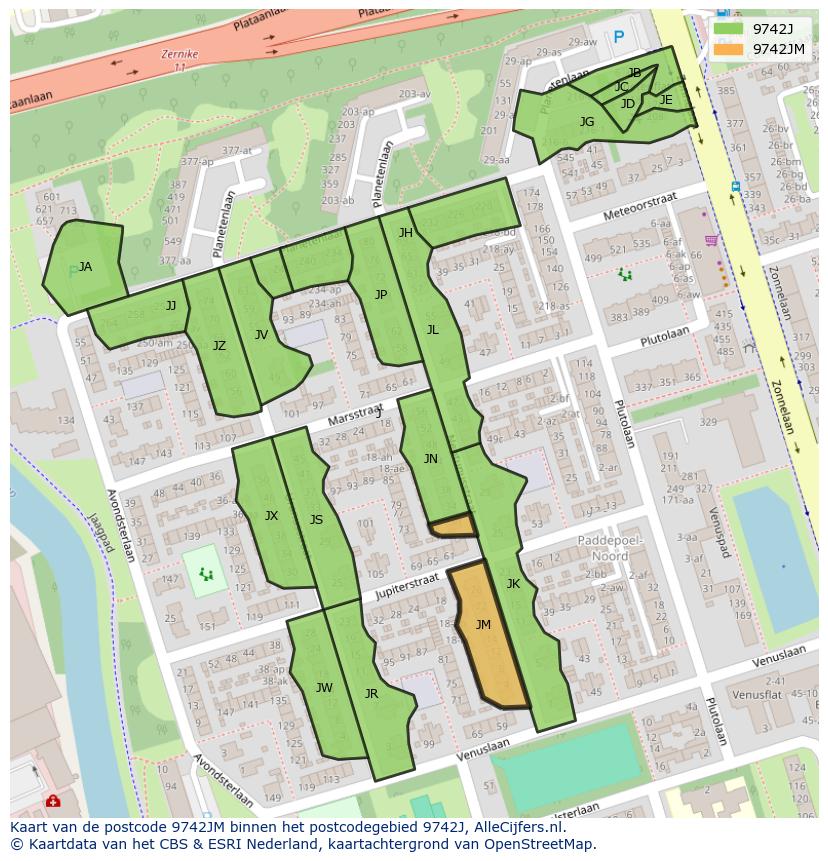 Afbeelding van het postcodegebied 9742 JM op de kaart.