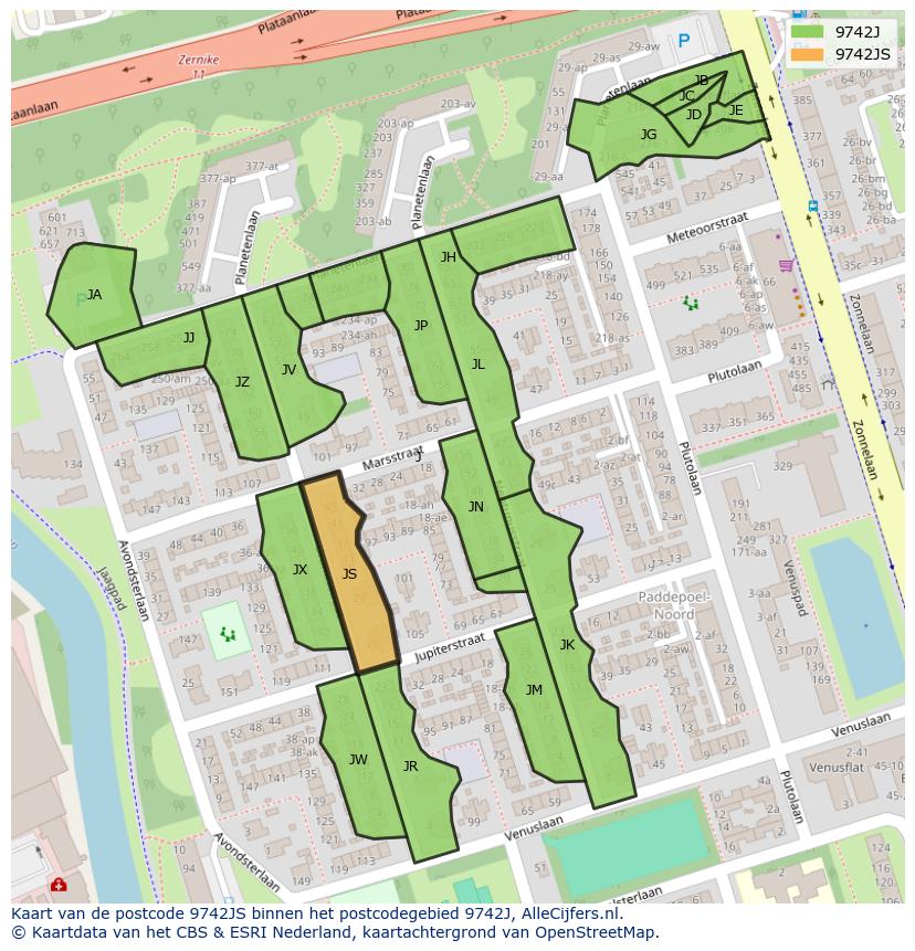 Afbeelding van het postcodegebied 9742 JS op de kaart.