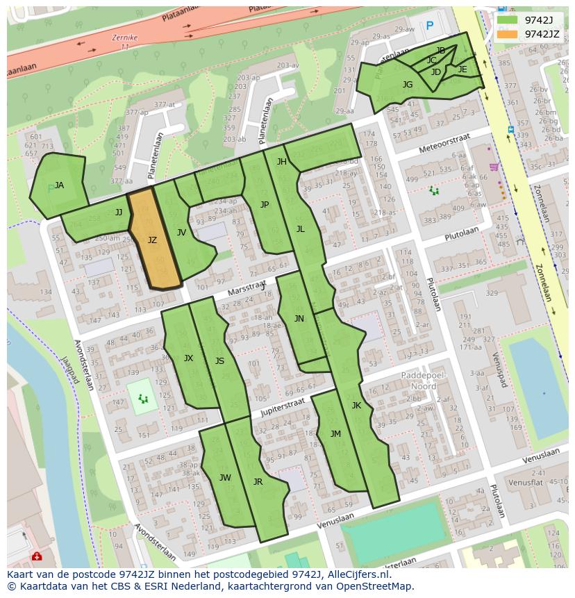 Afbeelding van het postcodegebied 9742 JZ op de kaart.