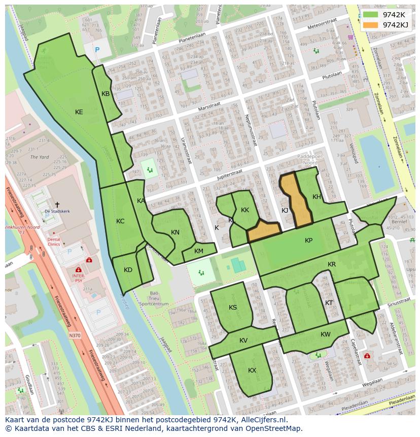 Afbeelding van het postcodegebied 9742 KJ op de kaart.
