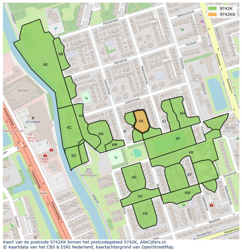 Afbeelding van het postcodegebied 9742 KK op de kaart.