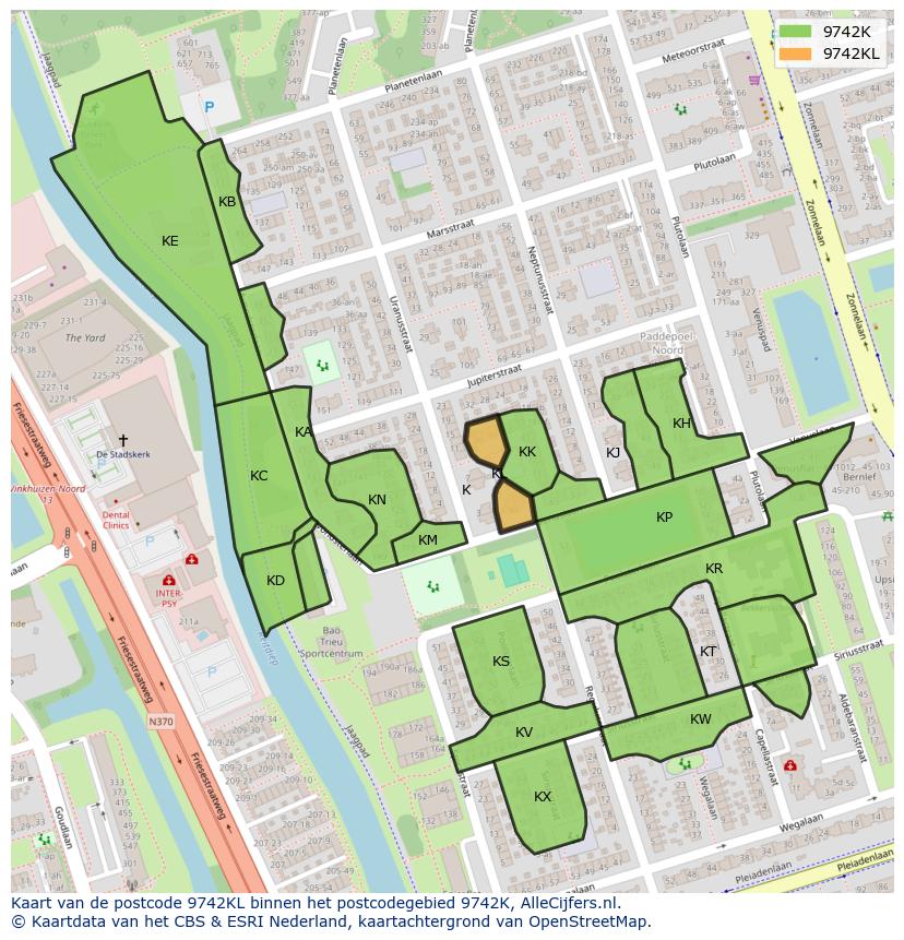 Afbeelding van het postcodegebied 9742 KL op de kaart.