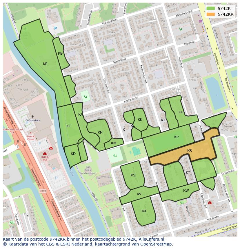 Afbeelding van het postcodegebied 9742 KR op de kaart.