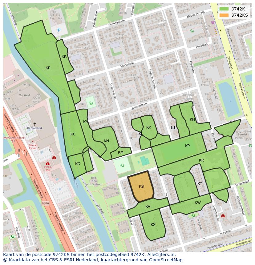 Afbeelding van het postcodegebied 9742 KS op de kaart.