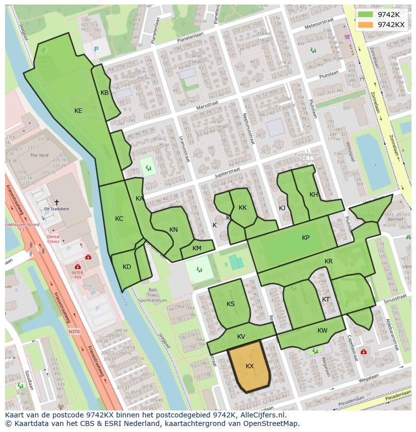 Afbeelding van het postcodegebied 9742 KX op de kaart.