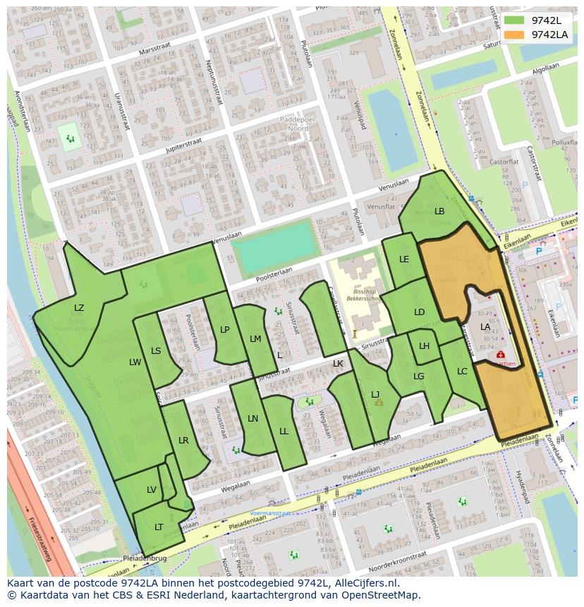 Afbeelding van het postcodegebied 9742 LA op de kaart.