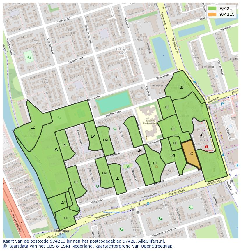 Afbeelding van het postcodegebied 9742 LC op de kaart.