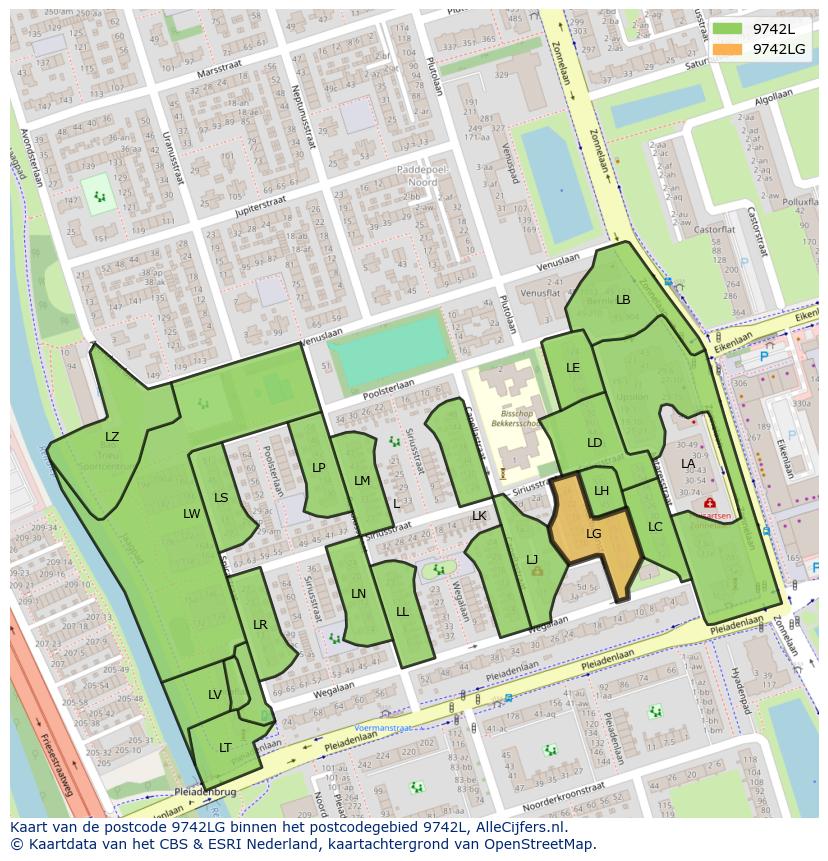 Afbeelding van het postcodegebied 9742 LG op de kaart.